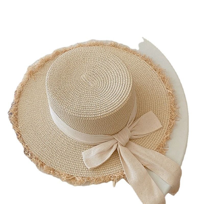 Allsidig strå med pelsbrem for kvinners sommerutflukter, solhatt med flat topp, liten, frisk sløyfelignende strandhatt_voghion.com