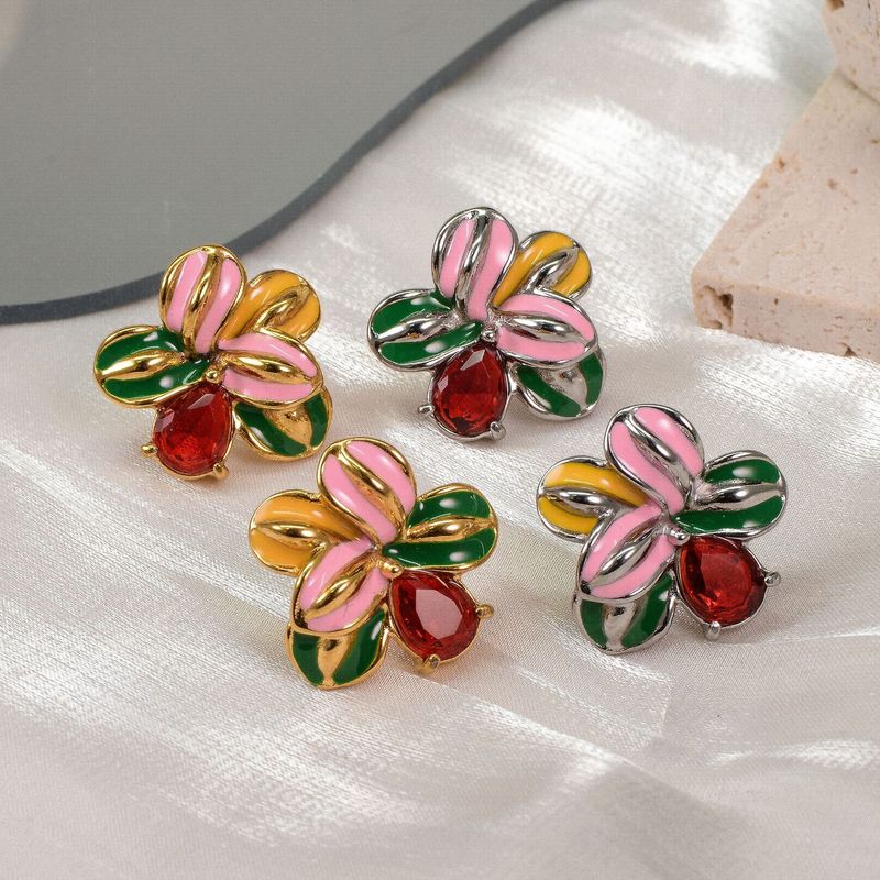 Light Luxury High-End Oil Drop Flower Earrings Inlaid Diamond Studs Elegant Colorful Petal Ear Jewelry_voghion.com