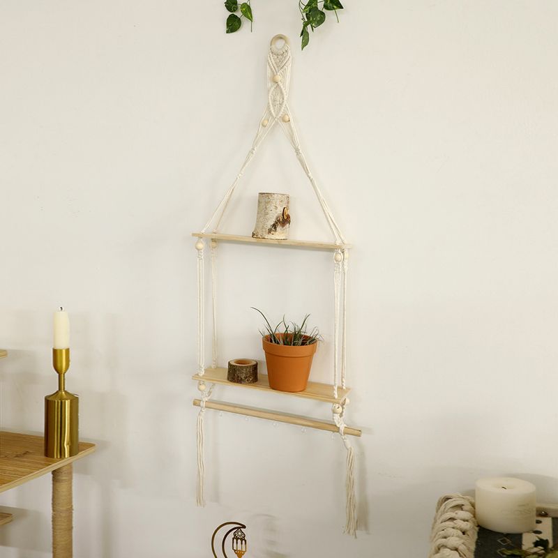 Bohemian cotton rope wooden stick hand-woven flower pot rack simple home bedroom hanging wall decoration_voghion.com