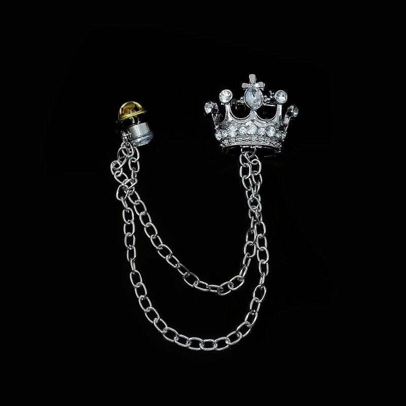 Spilla a forma di corona da uomo vintage, spilla a catena da abito britannico, elegante spilla da polso per abbigliamento formale_voghion.com