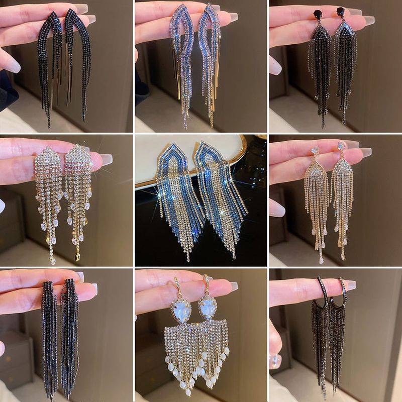 Silver Needle Inlaid Diamond Tassel Exaggerated Elegant High-end Feel Drop Earrings Personality Fashion Light New Ear_voghion.com