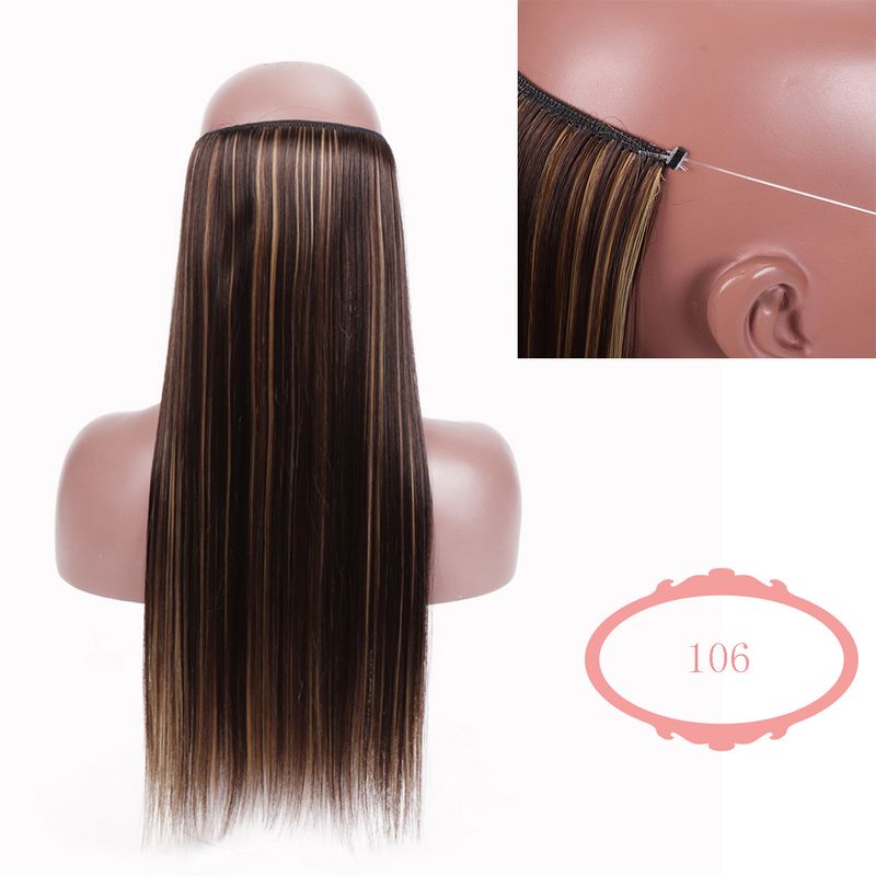 Extension per capelli con lenza elastica, extension per capelli in fibra chimica, le donne indossano naturalmente pezzi di capelli lisci_voghion.com