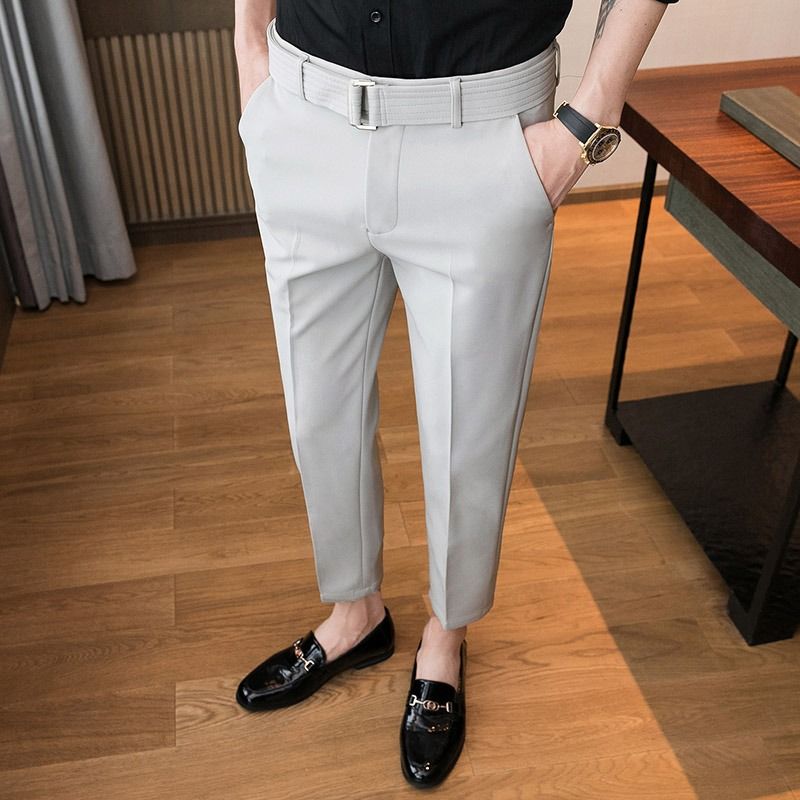 Summer New Drop Feeling Elastic Pants For Men's Korean Slim Fit Feet 9/10 British Casual Pants_voghion.com