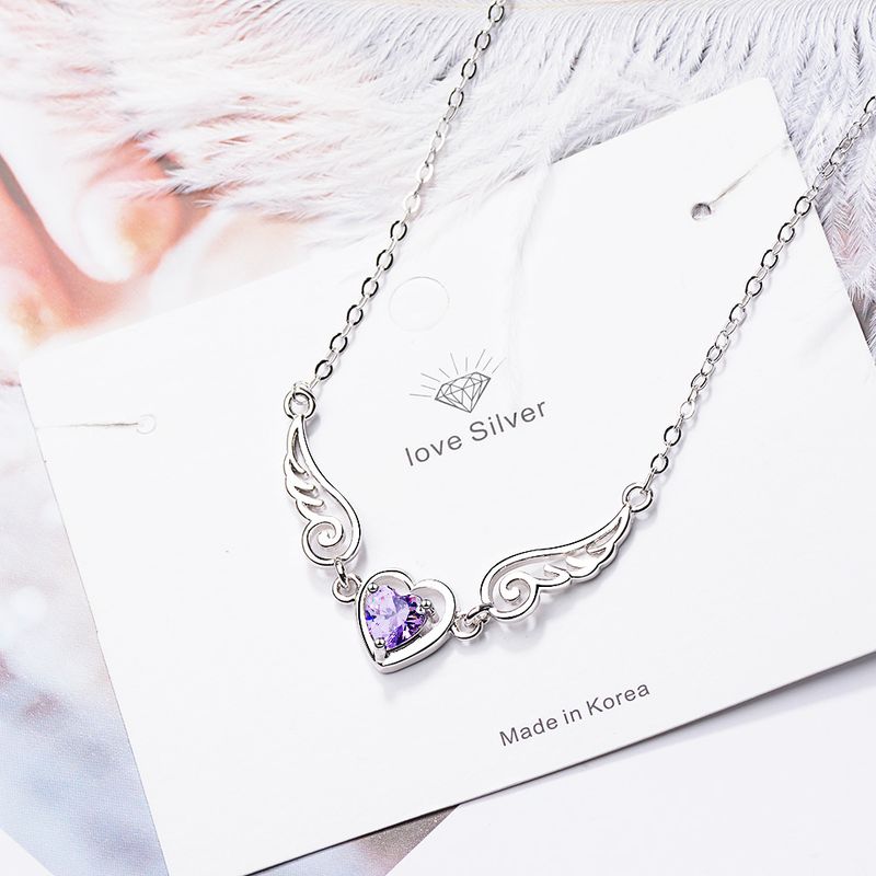Collier ras du cou en argent sterling pour femme, pendentif aile d'ange en zircon violet, chaîne, bijoux pour fille_voghion.com