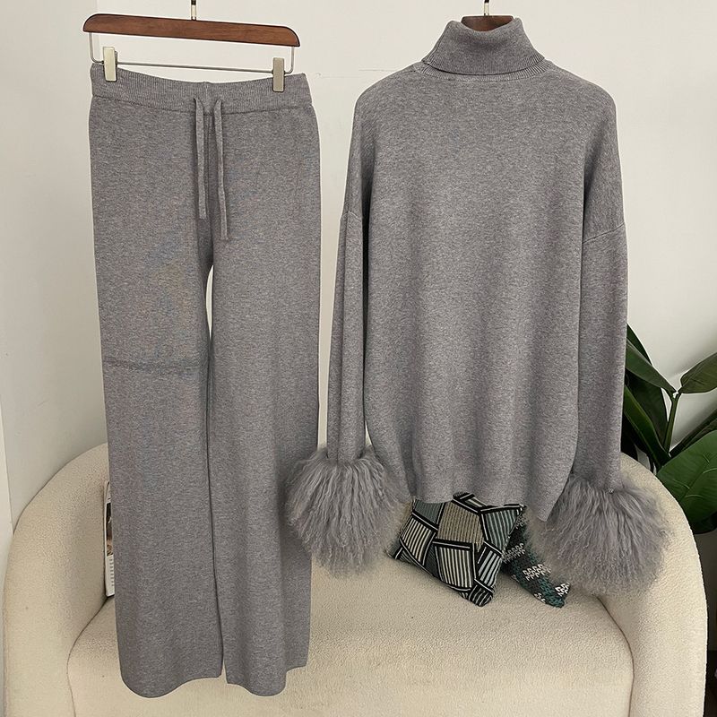 Ensemble en tricot avec poignets en fourrure de renard pour femme – Pull ample à col montant et pantalon large pour l'automne/hiver_voghion.com