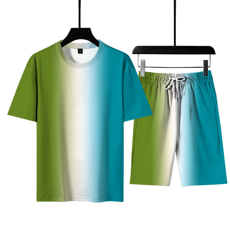Set sottile a maniche corte stile spiaggia casual da uomo e da donna estivo con stampa digitale in colori sfumati_voghion.com