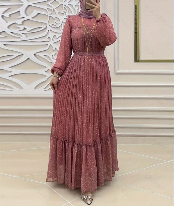 Abbigliamento da donna Nuovo chiffon a pois con cintura Abito musulmano alla moda ed elegante_voghion.com
