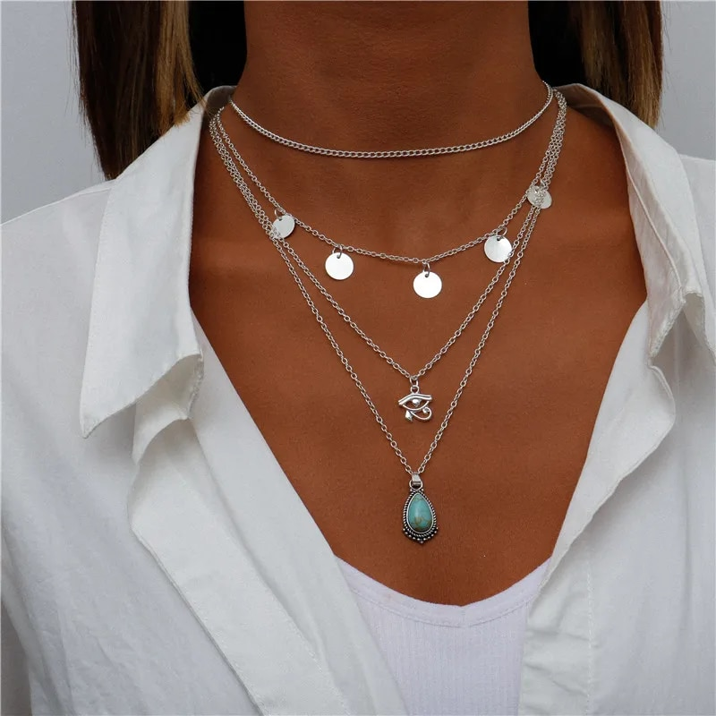 Vintage vícevrstvý portrét mince měsíc hamsa ruční řetízek pro ženy boho sloní srdce přívěsky náhrdelníky šperky_voghion.com