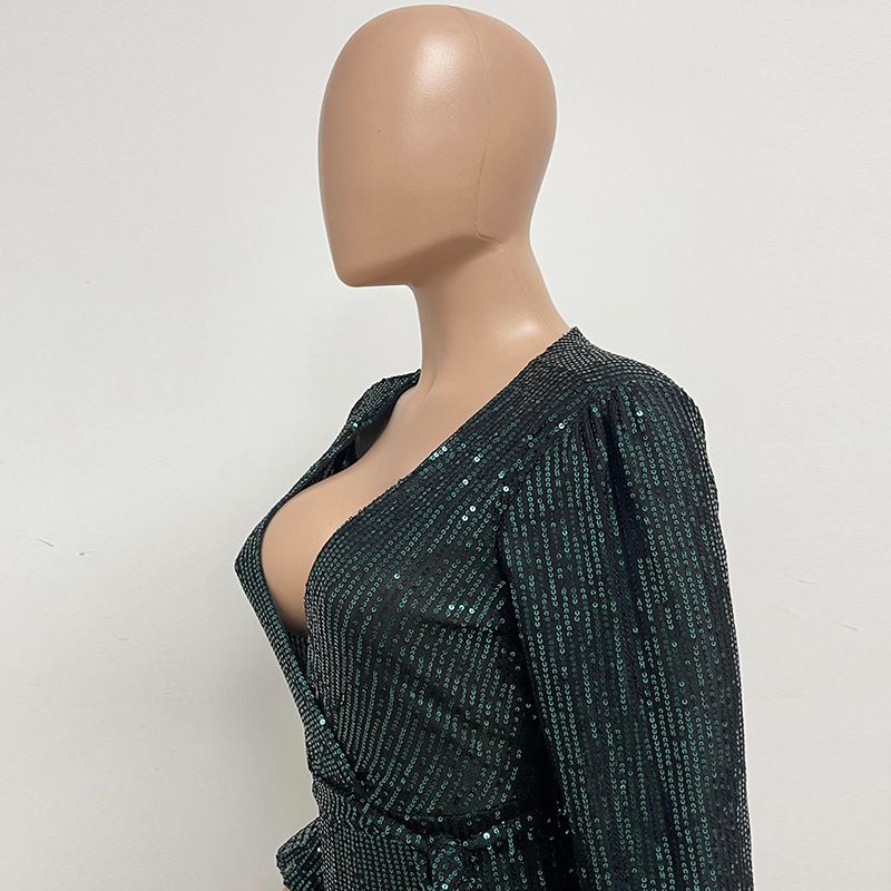 Damkläder Ins Style Deep V Mode Casual Jumpsuit Långärmat Bälte Paljett Jumpsuit Dam_voghion.com