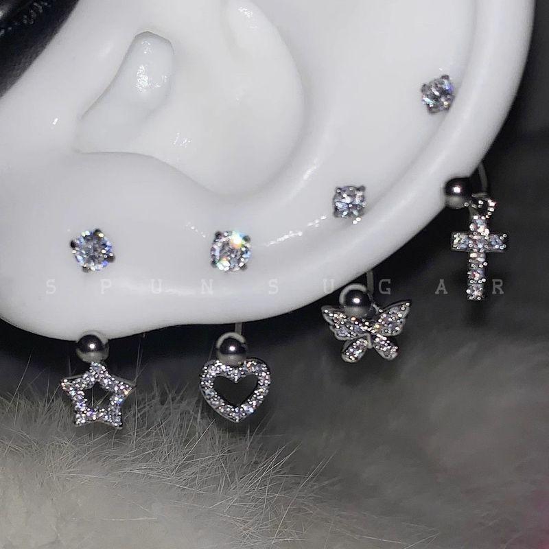 Ins Style Zircon Cross U-shaped Horseshoe Hoop Bone Stud Ear Piercing Screw Sparkling Butterfly Heart Earrings_voghion.com