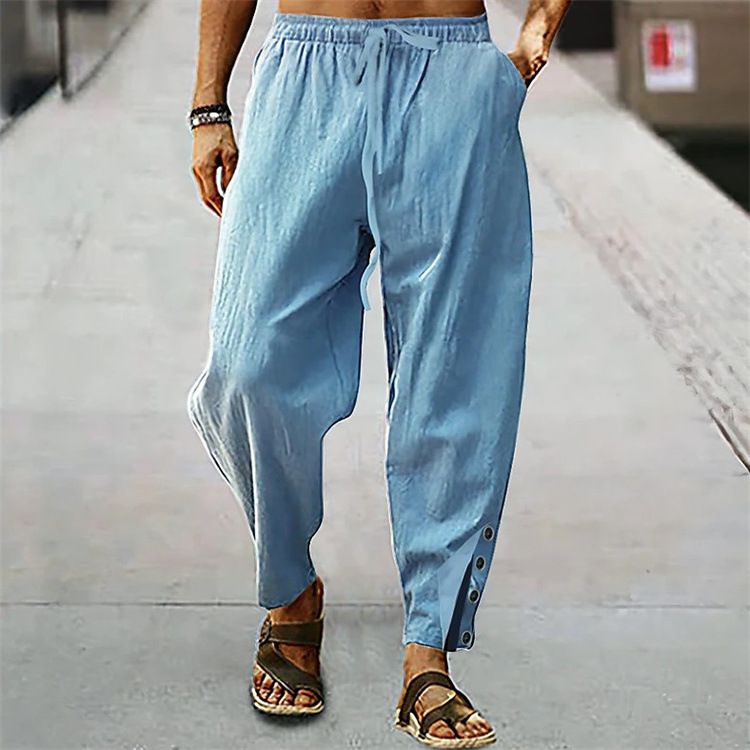Abbigliamento da uomo Pantaloni da spiaggia comodi e traspiranti in cotone e lino con coulisse e bottoni, elastici in vita, tinta unita_voghion.com