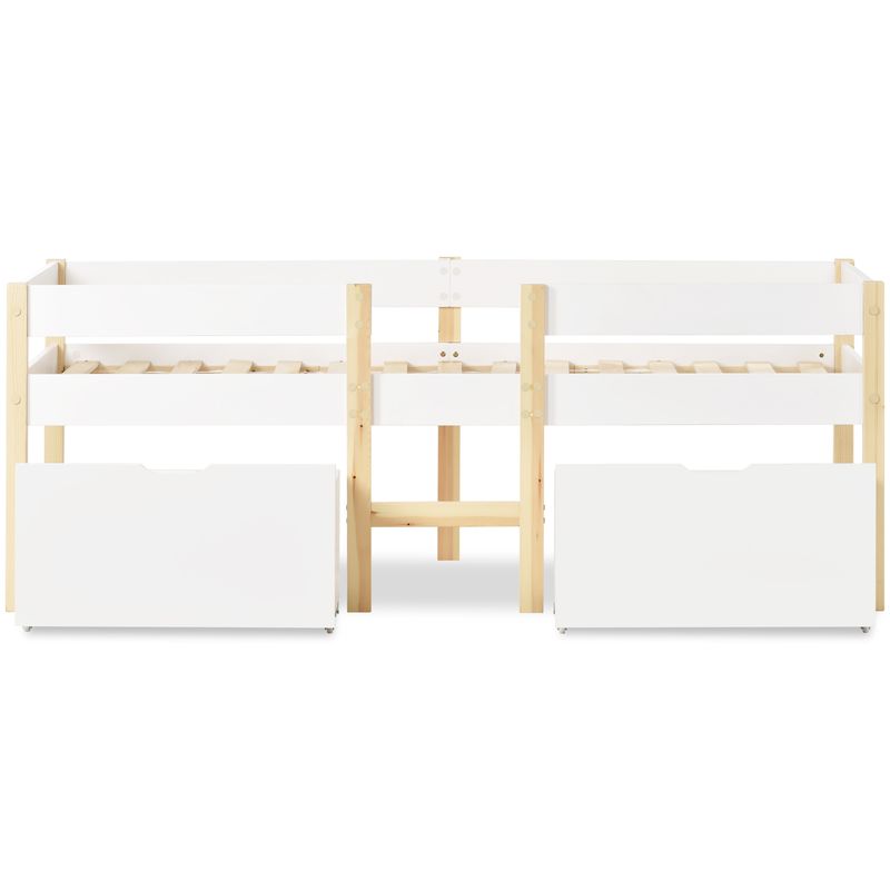 Lit enfant avec tiroir et barrières de sécurité, pin massif 90 x 190 cm, blanc et chêne_voghion.com