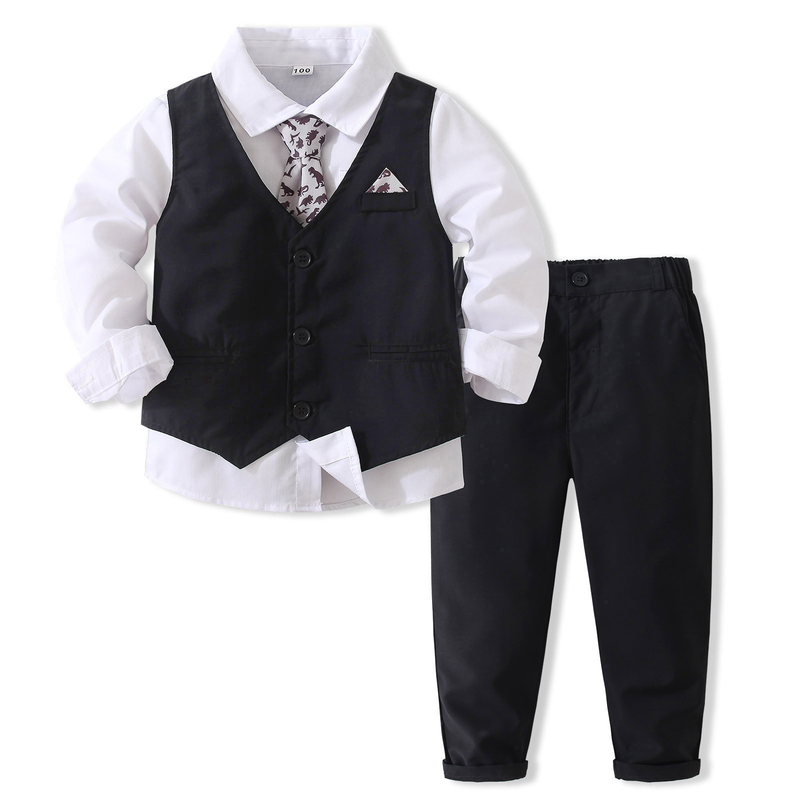 Abito da gentiluomo per bambini nuovi ragazzi Camicia stile britannico gilet in tinta unita pantaloni cravatta abito per bambini in quattro pezzi_voghion.com