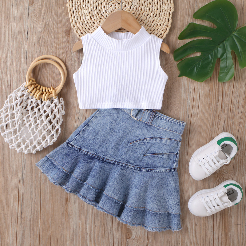 Moeder & Kinderen Kinderkleding Meisjes Effen Kleur Vest Mouwloos Top Denim Open Zak Geplooide Rok Pak_voghion.com