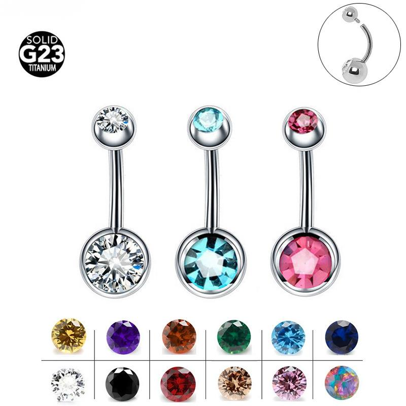Piercing all'ombelico con doppia sfera rotonda in titanio medico F136, in lega G23 con filettatura interna e zircone._voghion.com