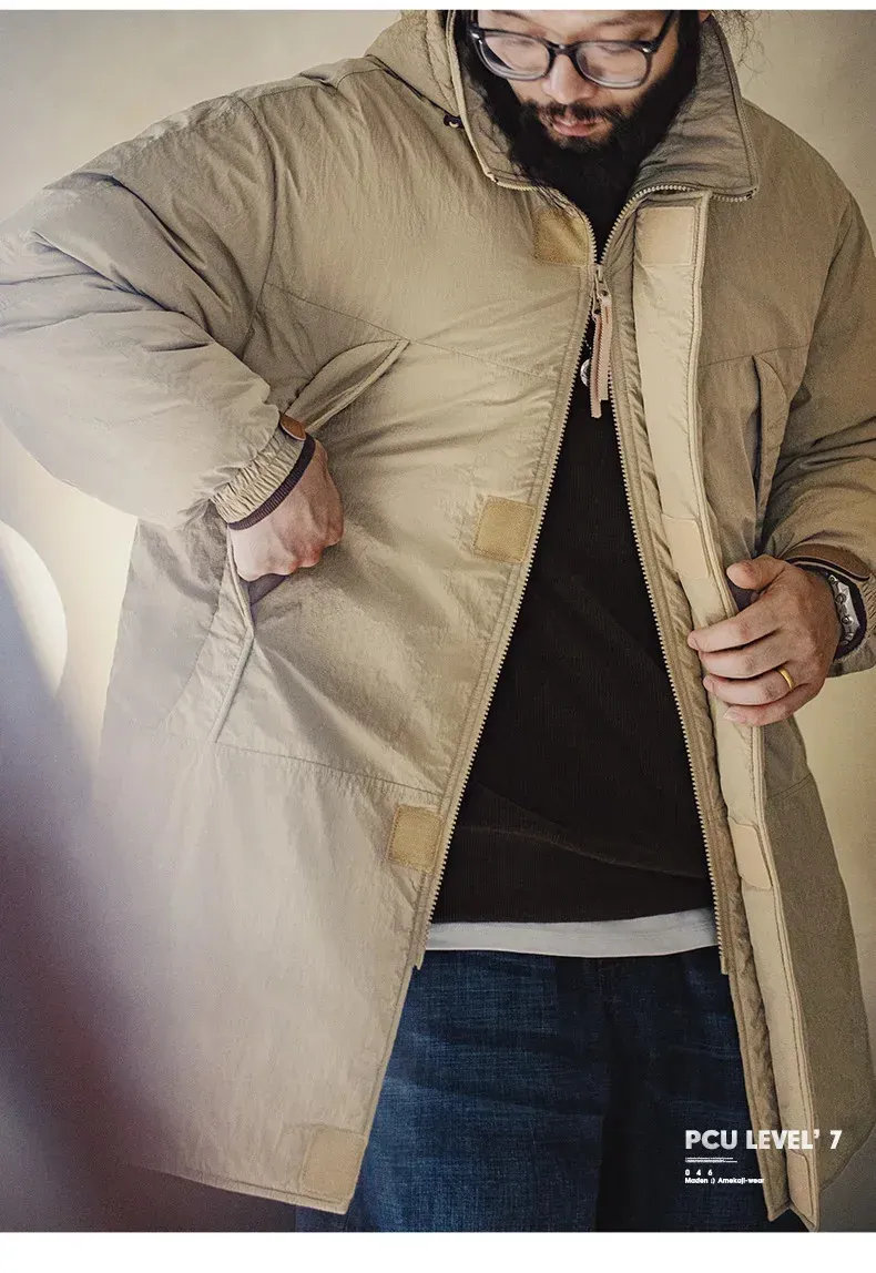 Maden Vintage, giacca imbottita in cotone di media lunghezza, con cappuccio color cachi, giacca da uomo in PCU Level7, classico parka invernale caldo_voghion.com