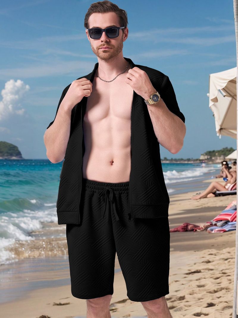 Men's Clothing Summer New Men's Simple Casual Jacquard Short Sleeved Zipper Cardigan Jacket Shorts Suit_voghion.com
