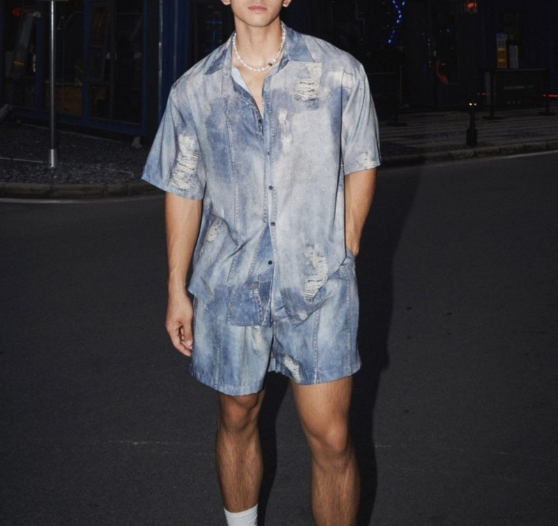 Zomer ademende shorts denim strand casual losse korte mouwen shirt tweedelig set_voghion.com