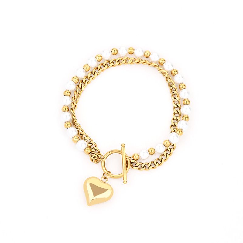 Gute New Trend Cuban Pearl Double Layer Necklace Bracelet Heart Ring Earrings Titanium Steel Non-Fading Set_voghion.com