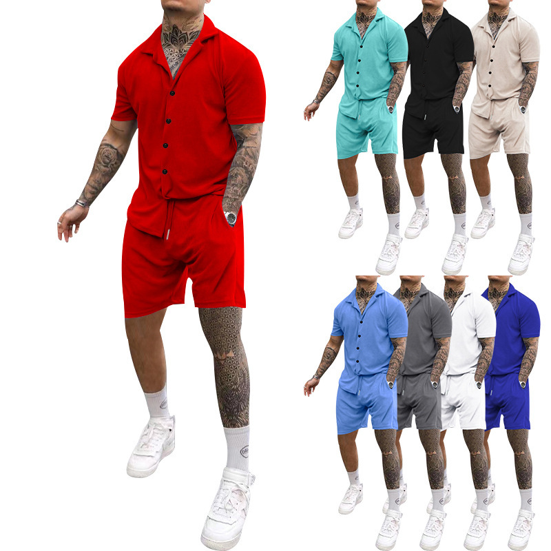 Set 2023 Summer Men's New Solid Color Casual Turn-down Collar Short Sleeve Shirt For Men_voghion.com