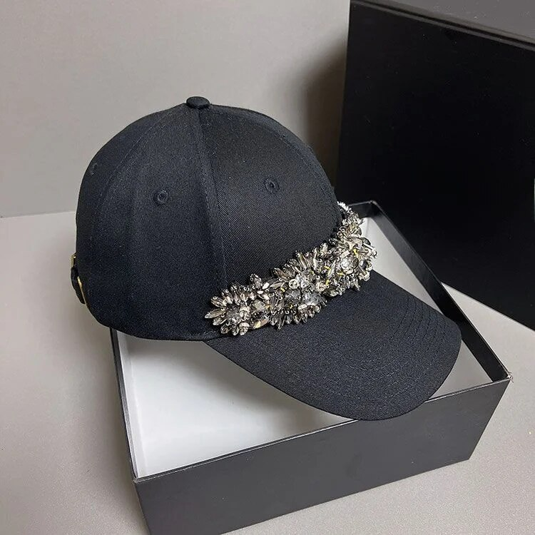 Black Hat, Women's Rhinestone Baseball Small Face, Solid Colour Hard Top Hat_voghion.com