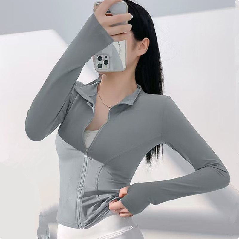 Maglietta da yoga estiva da donna, sottile, per ciclismo, corsa, all'aperto, con protezione UV, in seta ghiaccio e colletto rialzato, ad asciugatura rapida_voghion.com