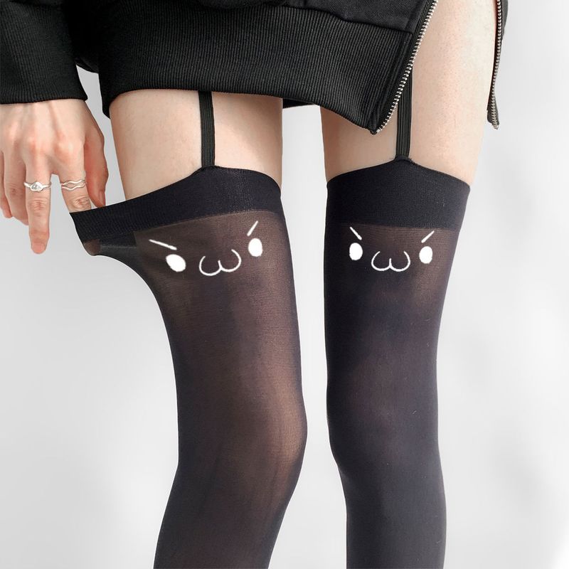 2D Expression Suspender High Tube White Silk Emoji Cute Print Subculture Over-the-Knee Thigh Socks Pure Desire_voghion.com