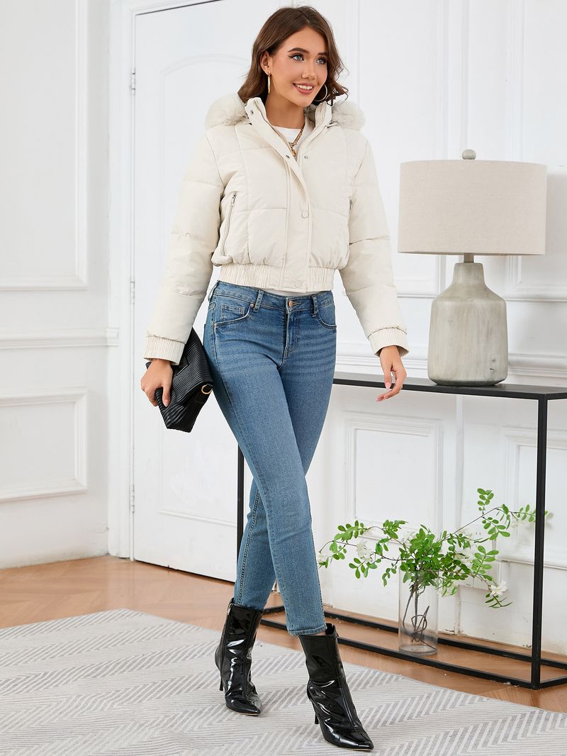 Women's Clothing Women's Slim Fit High Waist Short Puffer Jacket With Fleece Lining, Warm Winter Coat For Casual Outfits (White/Black/Khaki)_voghion.com