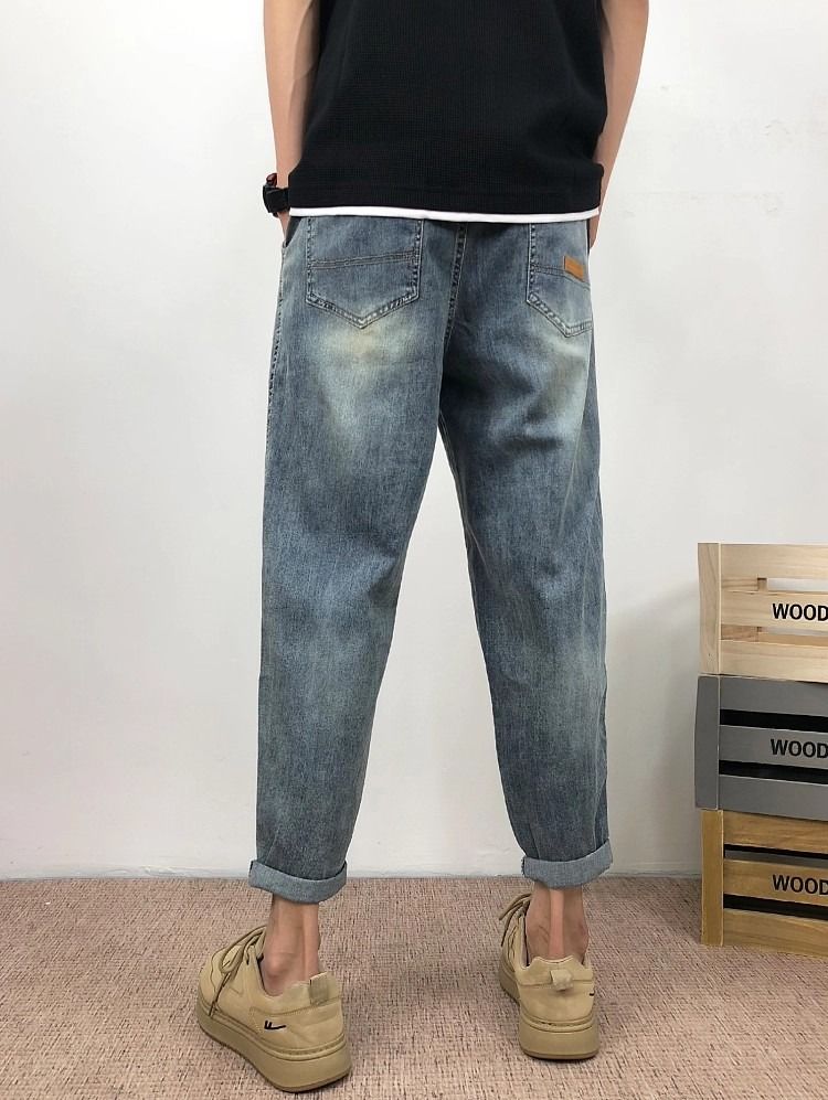 Spring Casual Thin Loose Wide-Leg Harem Trendy Brand Nine-Point Cool Workwear Light Denim Pants Men_voghion.com
