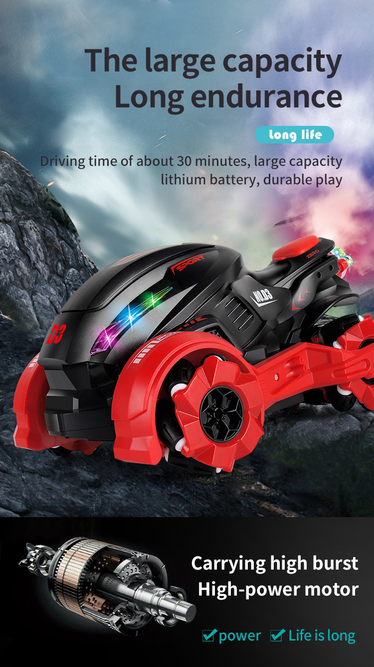 Motocicleta de acrobacias con rociador para niños, control remoto todoterreno con carga USB, lado giratorio de deriva de alta velocidad_voghion.com
