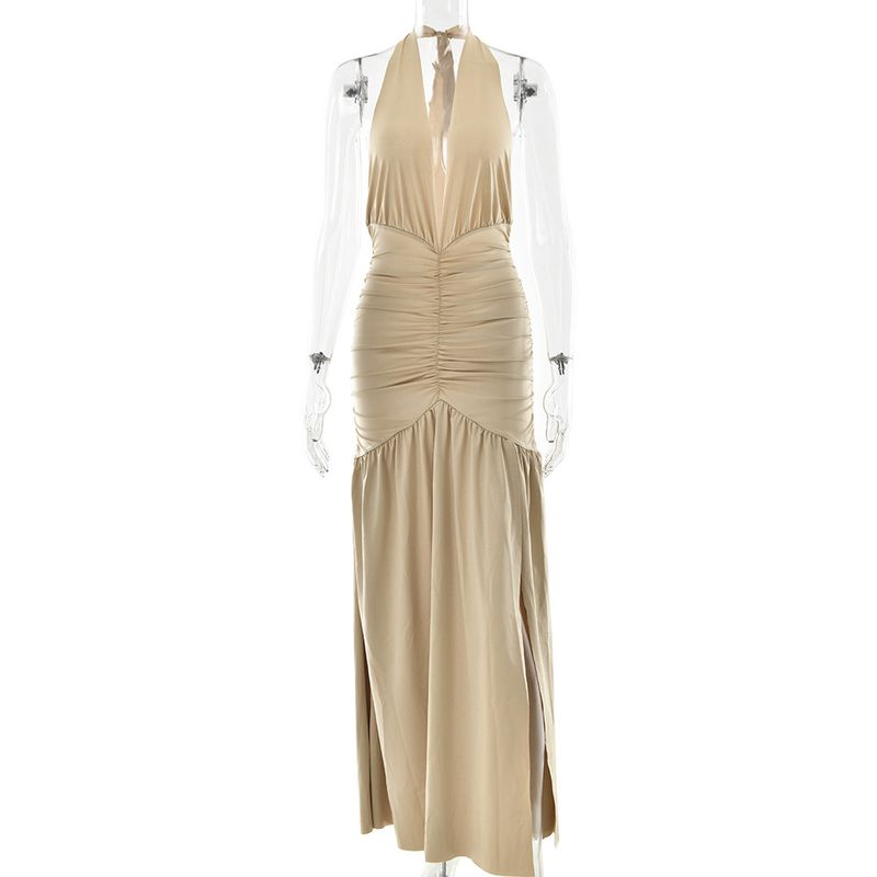 Elegantes Neckholder-Seidenkleid – rückenfreies Maxikleid mit V-Ausschnitt und Schlitz für den Abend und besondere Anlässe_voghion.com