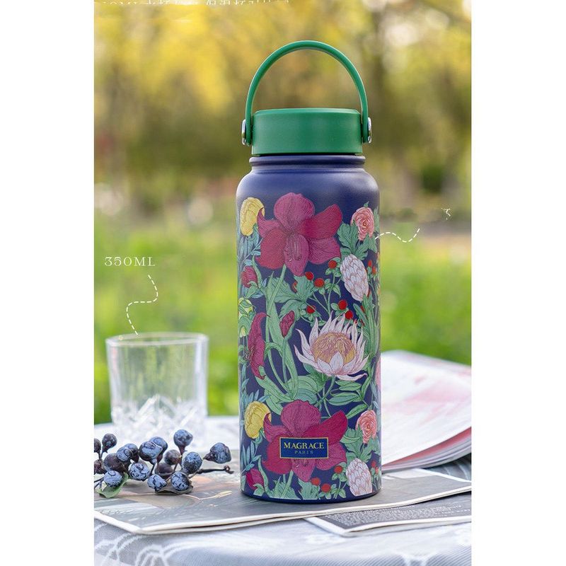 Tazza termica in acciaio inossidabile colorato MAGRACE Flower Shadow francese da 1000 ml, grande capacità, con supporto portatile per il tè_voghion.com