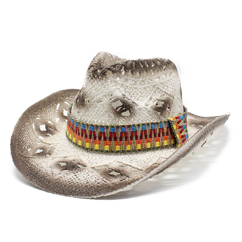 2022 Spring/Summer New Ethnic Style Woven Hollow for Men and Women Summer Sunscreen Western Cowboy Straw Hat_voghion.com