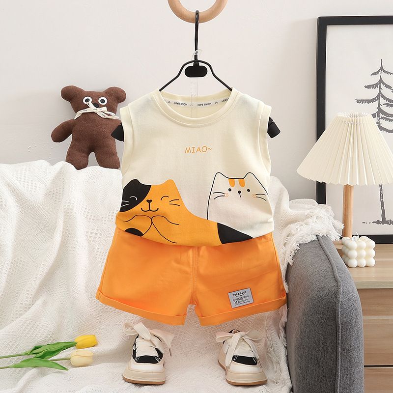 Ensemble gilet pour garçons, vêtements d'été élégants sans manches pour petits enfants, motif chat bicolore, nouvelle mode bébé mignon 2024_voghion.com