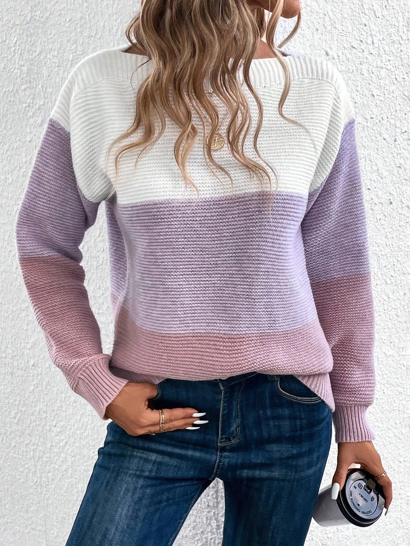 Pull en tricot à manches longues pour femme avec motif à blocs de couleurs, col rond, coupe ample, épais et chaud pour une tenue décontractée_voghion.com