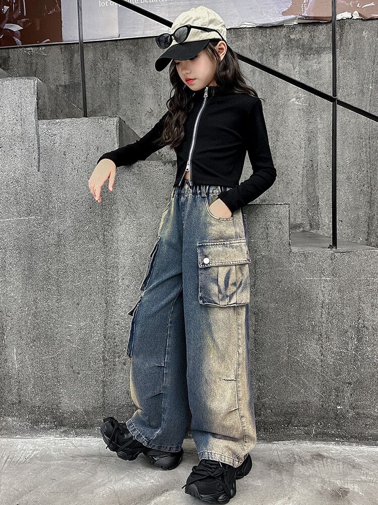 Jeans in denim effetto used per bambini, con tasche multiple, adatti a mamma e bambini - Streetwear comodo, elasticizzato ed elegante (blu, 120-170 cm)_voghion.com