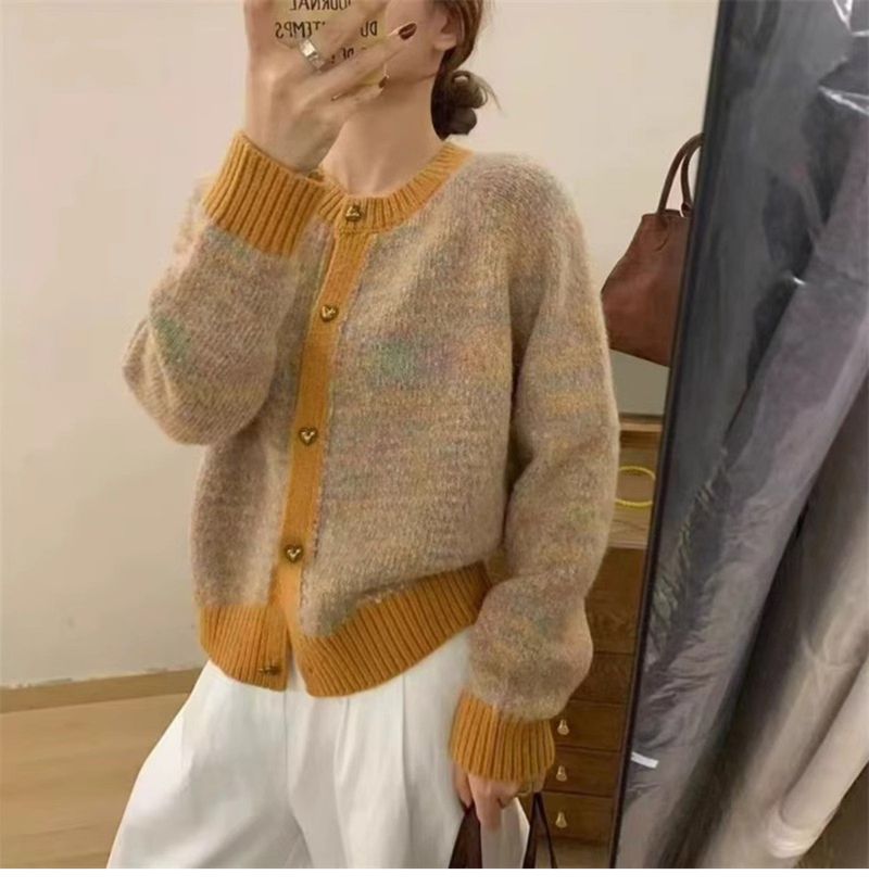 Autunno Inverno Nuovo Abbigliamento Donna Color-Block Piccolo Cuore Maglione Cardigan Stile Lazy Cappotto di Alta Qualità_voghion.com