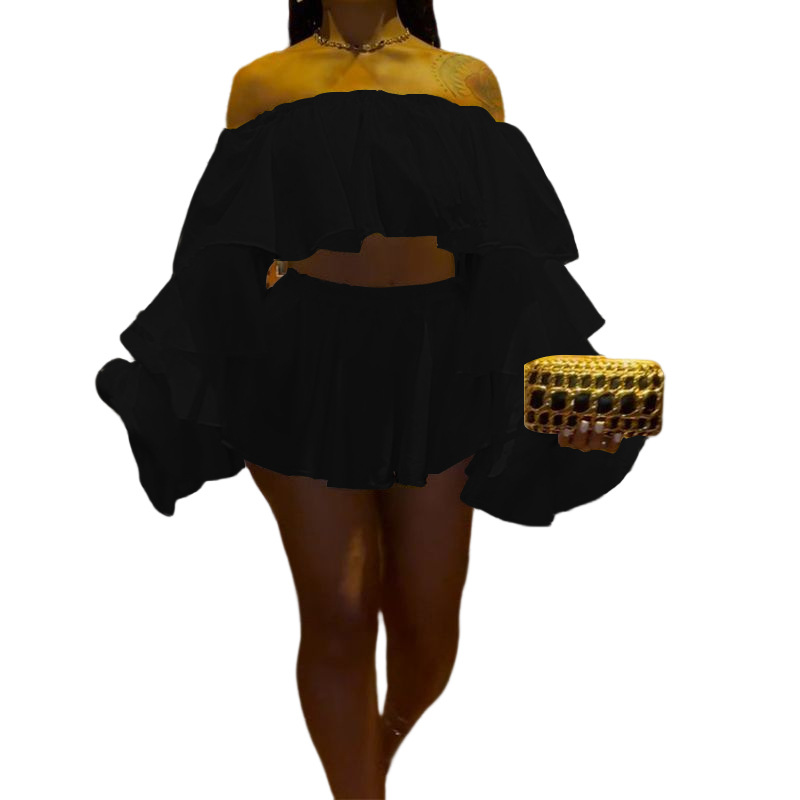 Mode sexy top minirok met ruches, tweedelige set_voghion.com