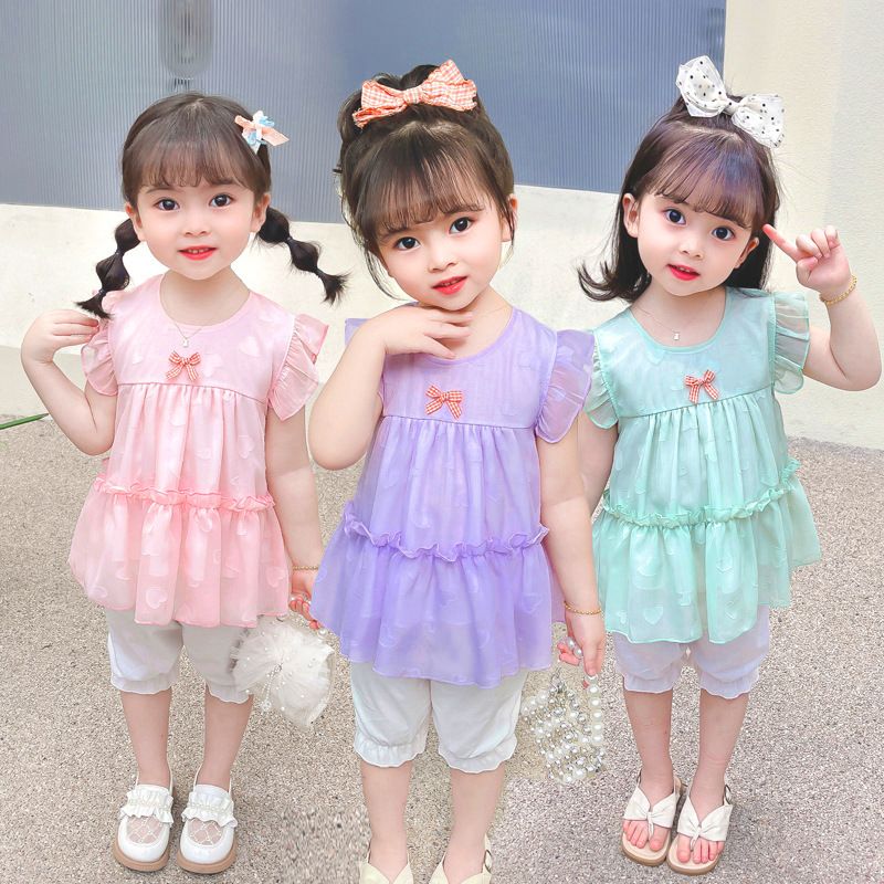 Mädchen-Outfit, stilvoll, Sommer kurzärmliges Mesh-Herz-Zweiteiler-Kinderkleidung, Baby-Mädchen-Set, modisch_voghion.com