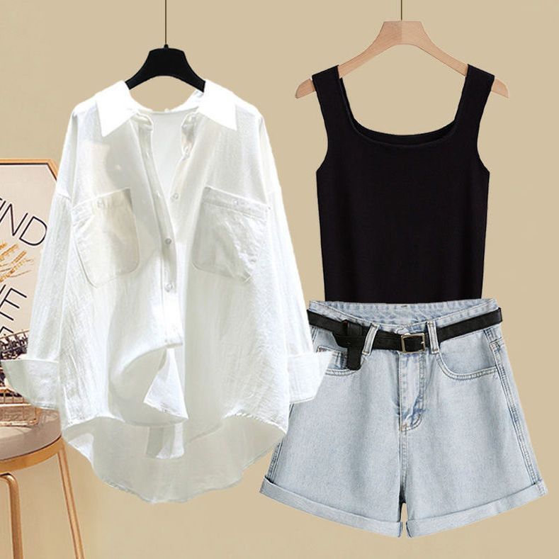 Ropa de mujer, tallas grandes, trajes de verano para mujer, novedad de 2024, camiseta con protección solar, chaleco, pantalones cortos vaqueros ajustados que combinan con todo, traje de tres piezas_voghion.com