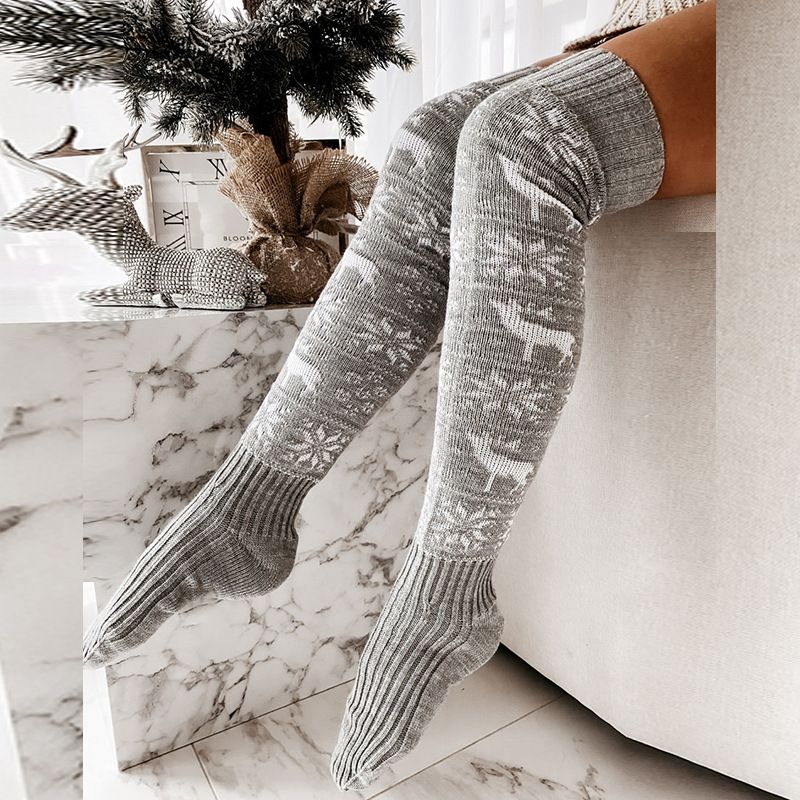 2025d Christmas Reindeer Snowflake Knitted Wool For Women Over-the-Knee Slouch Long Tube Socks_voghion.com