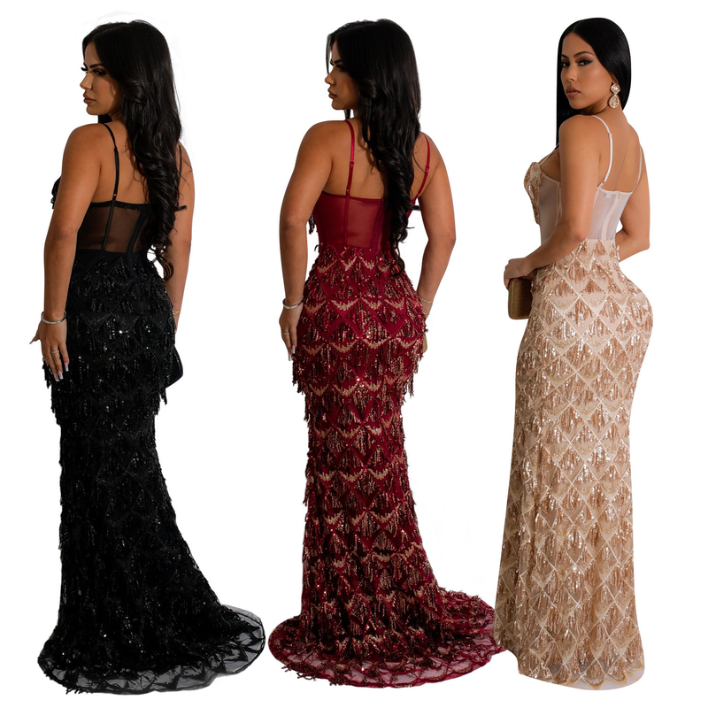 Women's Solid Color Sequin Sexy Suspender Long Skirt Dress_voghion.com