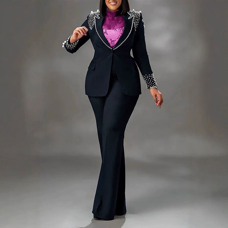 Traje de dos piezas ajustado de manga larga con perlas para mujer_voghion.com
