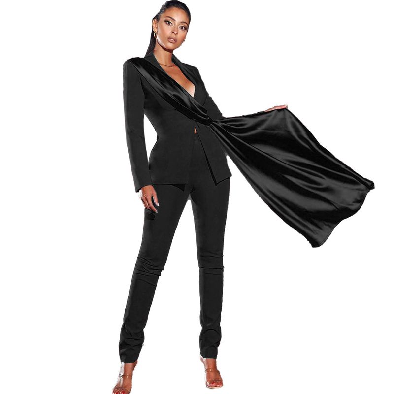 Women's sexy suit jacket two-piece solid color casual long-sleeved lapel button _voghion.com