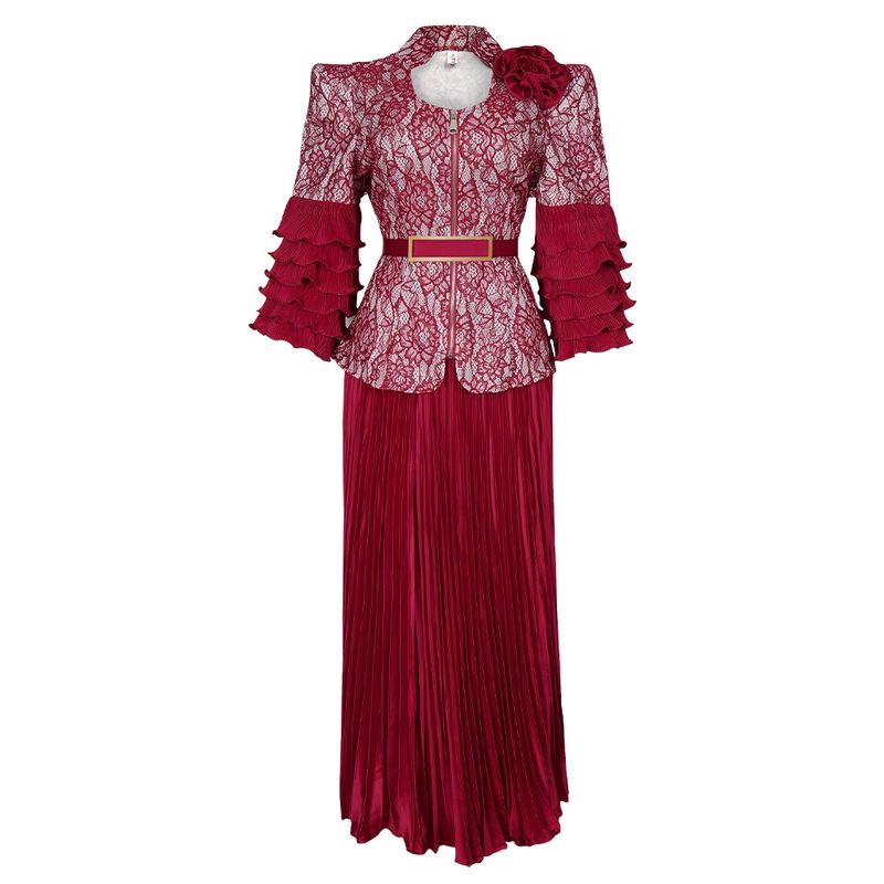 Robe longue élégante en dentelle à volants, ensemble 2 pièces, imprimé floral, robe de soirée avec taille péplum et manches courtes, robe d'invitée de mariage/tenue de bureau (rouge/bleu/nude)_voghion.com