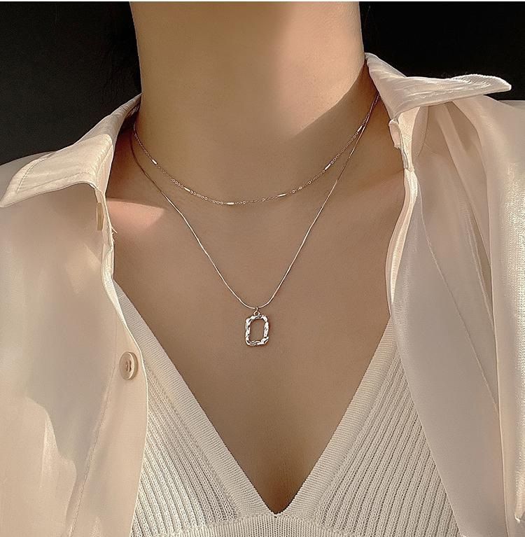 Collar con colgante hueco irregular de doble capa de plata Sterg de moda para mujer, cadena de 2 piezas, joyería fina de moda, regalos, accesorios_voghion.com