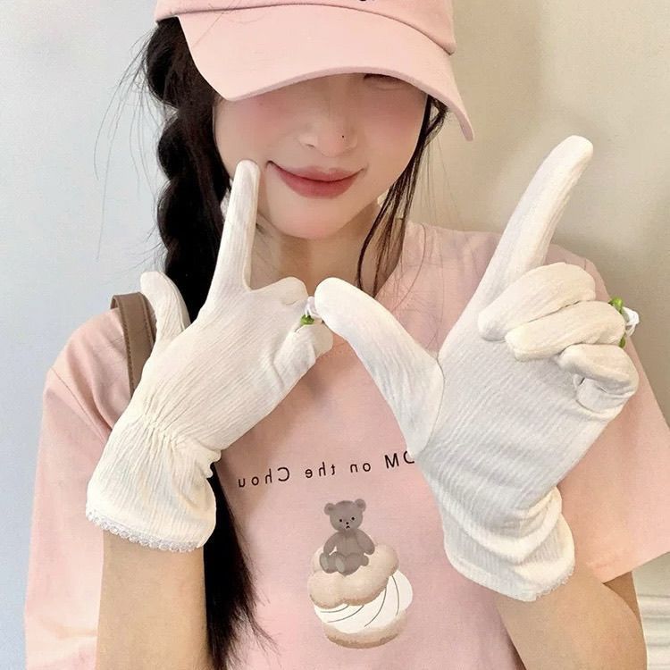 Cienkie damskie rękawiczki przeciwsłoneczne Fresh Style, do ekranów dotykowych, do jazdy samochodem latem, antypoślizgowe, z ochroną UV, z bawełny marszczonej._voghion.com