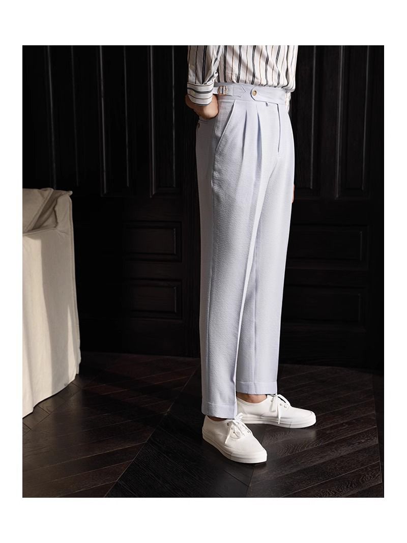 Herren Sommer Seersucker Paris Button Naples Blau Gestreift Hohe Taille Gerades Bein Britische Freizeithose_voghion.com