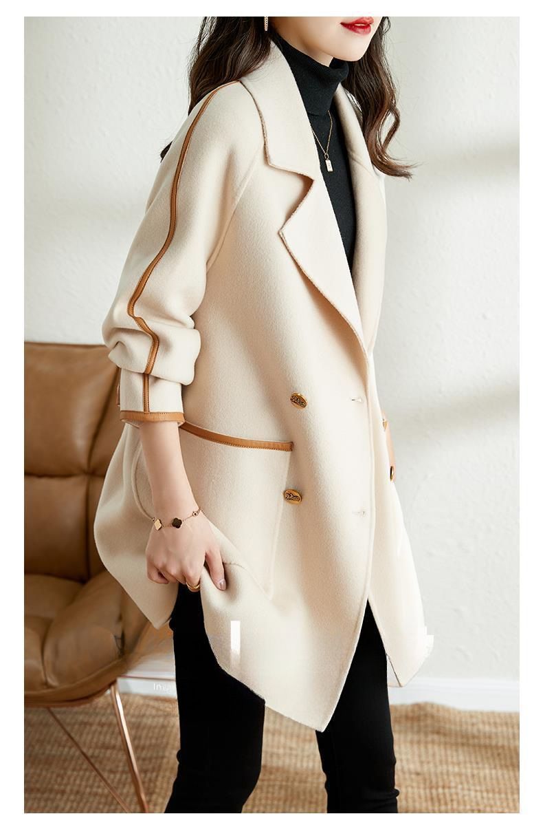 Trenchcoat aus Wollmischung für Damen mit Reverskragen und zweireihigem Verschluss – elegante Oversize-Passform für Büro und Freizeit (Beige, Schwarz, Camel)_voghion.com