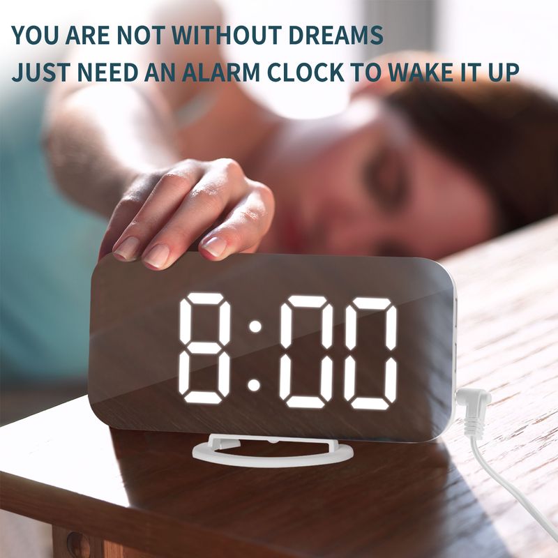 Digital LED Alarm Clock Mirror 2 USB Charger Ports Night Light LED Table Clock Snooze Function Adjustable Brightness Desk Clocks_voghion.com